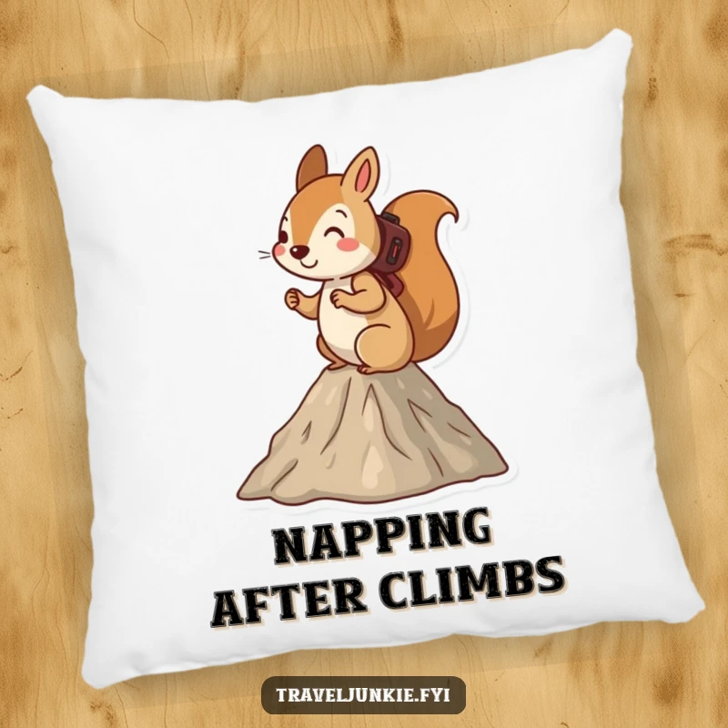 Funny squirrel pillow, a determined squirrel hiking up a small mountain, providing cozy comfort and adventurous charm.