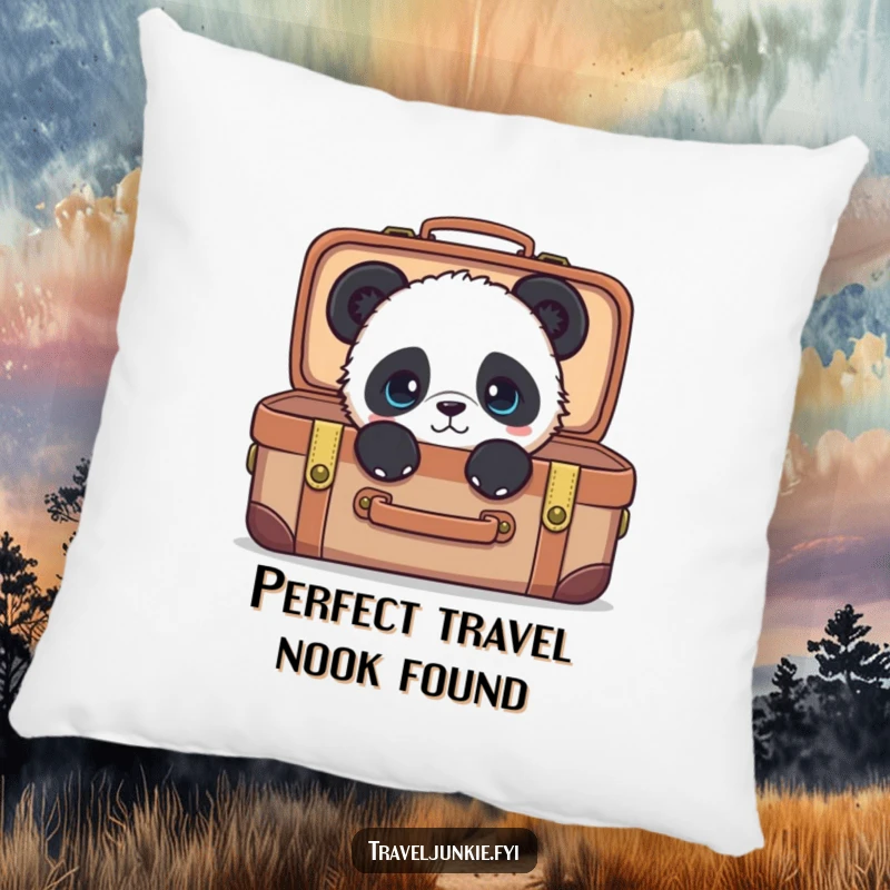 Funny panda pillow, soft comfortable cushion with a curious character peeking from a suitcase, a humorous gift.