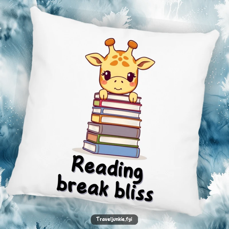 Funny giraffe pillow, a smiling giraffe peeking over a towering stack of books, providing cozy comfort and literary charm.