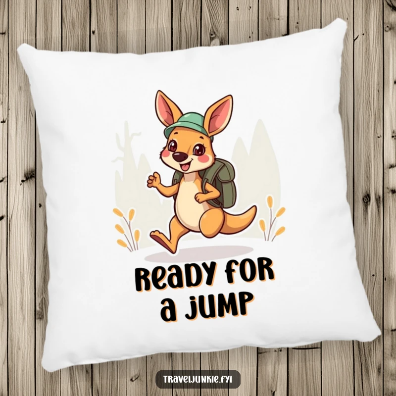 Funny Pillow: A cheerful kangaroo explorer with a backpack, hopping towards a humorous, cozy moment.