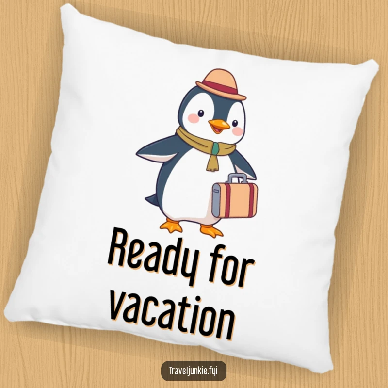 Funny penguin tourist pillow, holding a tiny suitcase, soft and comfortable, adds humor to decor.