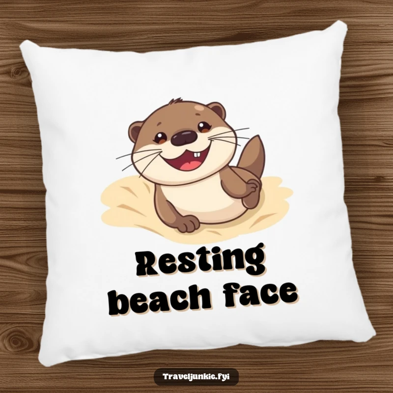 Funny pillow showing an otter sliding down a sand dune with a grin, providing comfort and a touch of beach-themed humor.