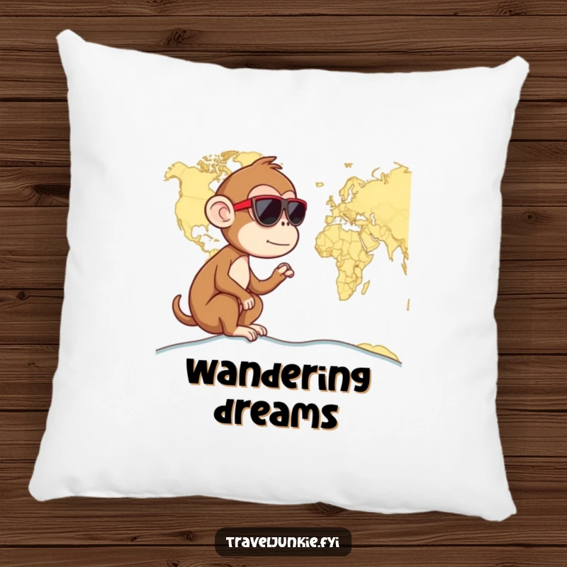 Funny monkey wearing sunglasses, looking at a world map, soft and comfy pillow, perfect humorous gift.