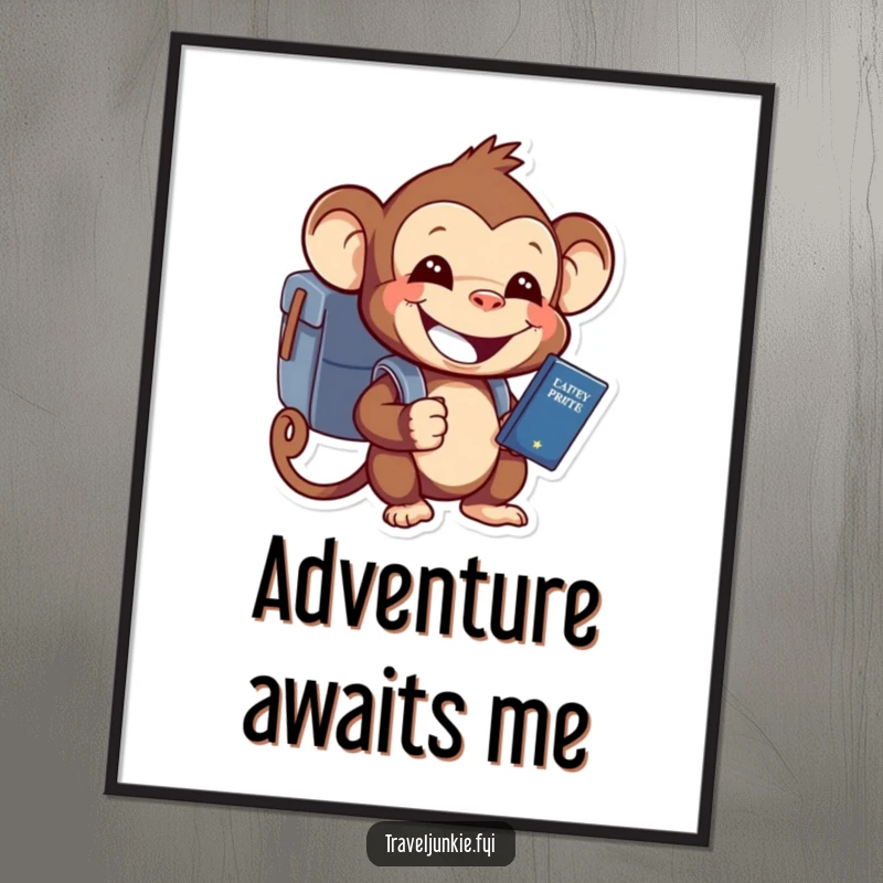 Digital art print of a funny monkey with a backpack and passport, grinning widely, ready for adventure.