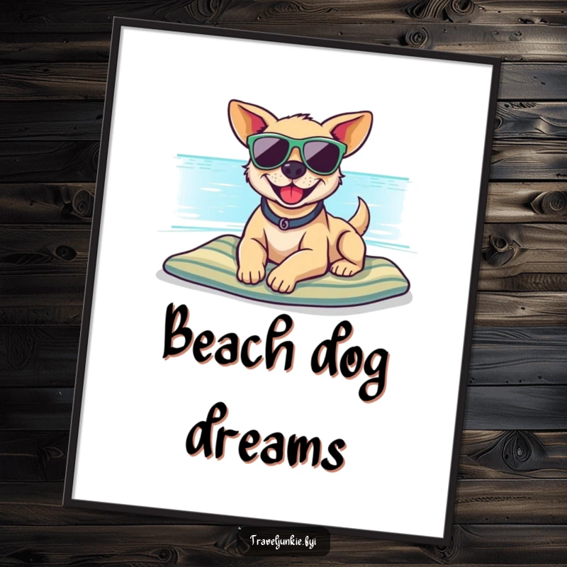 Funny digital art print of a smiling dog with sunglasses on a beach, perfect for printing as humorous wall decor.