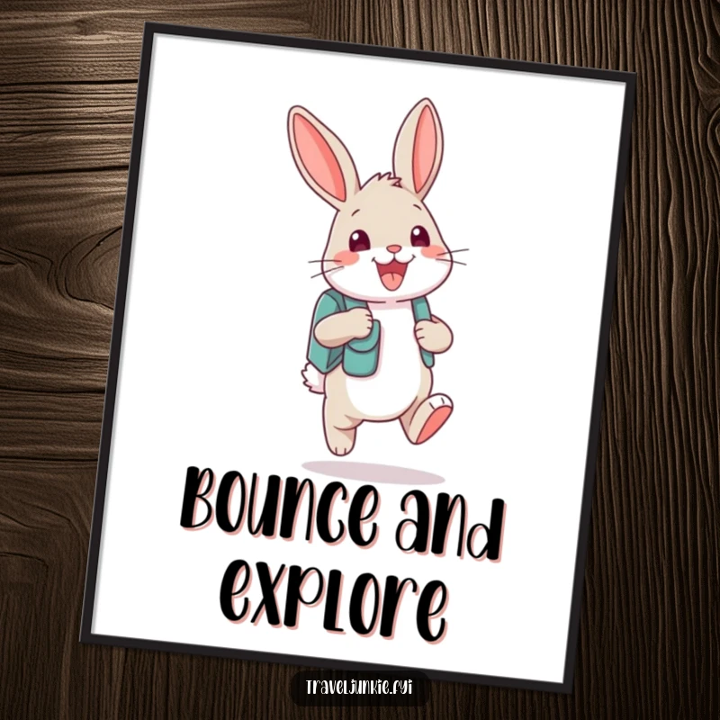 Funny bunny character bouncing excitedly with a tiny backpack and grin, high-resolution digital art print, instant humorous decor.