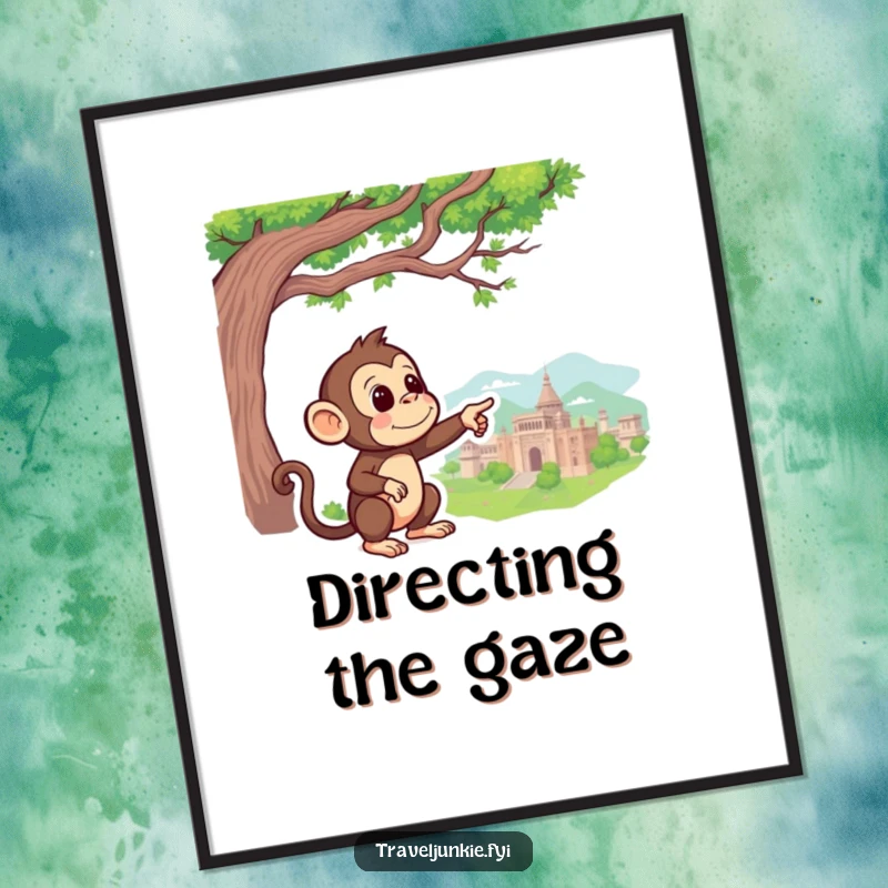 Funny Monkey Digital Art: A curious monkey points at a faraway landmark, offering instant adventurous and wanderlust-inspired wall decor.