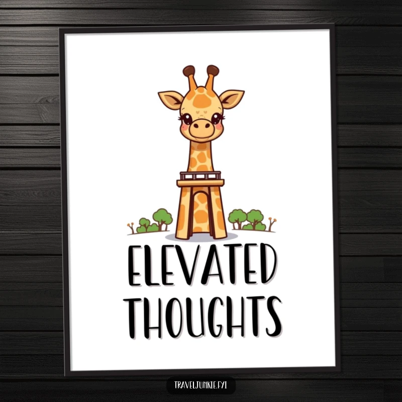 Funny giraffe character peeking over a tall landmark, available as a digital art print, ideal for instant home decor.
