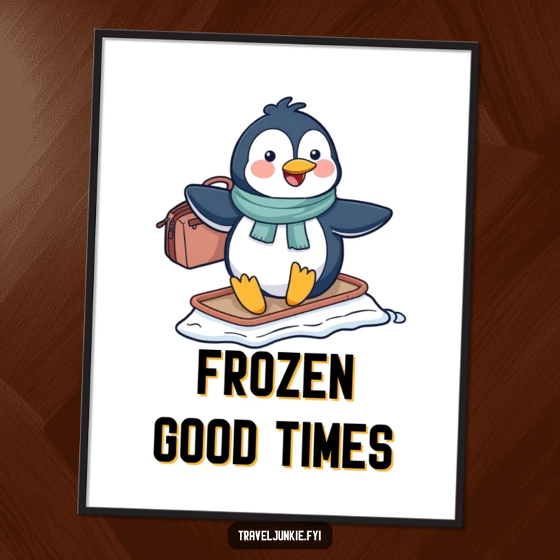 Funny penguin character sliding on ice with a travel bag, an instant funny art download for vibrant wall decor.