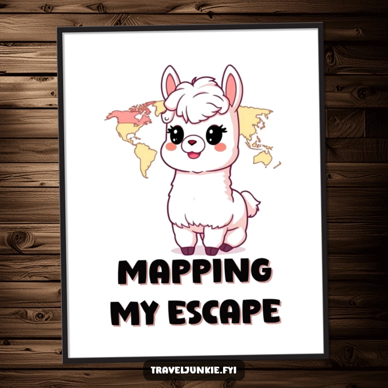 Funny Alpaca Digital Art Print: A delighted alpaca character eagerly views a world map, inspiring global adventure.