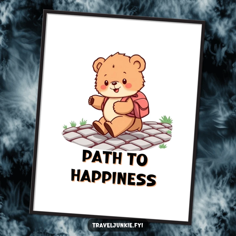 Funny digital art print of a bear cub with a backpack skipping joyfully on a cobblestone path, perfect for instant, cheerful decor.