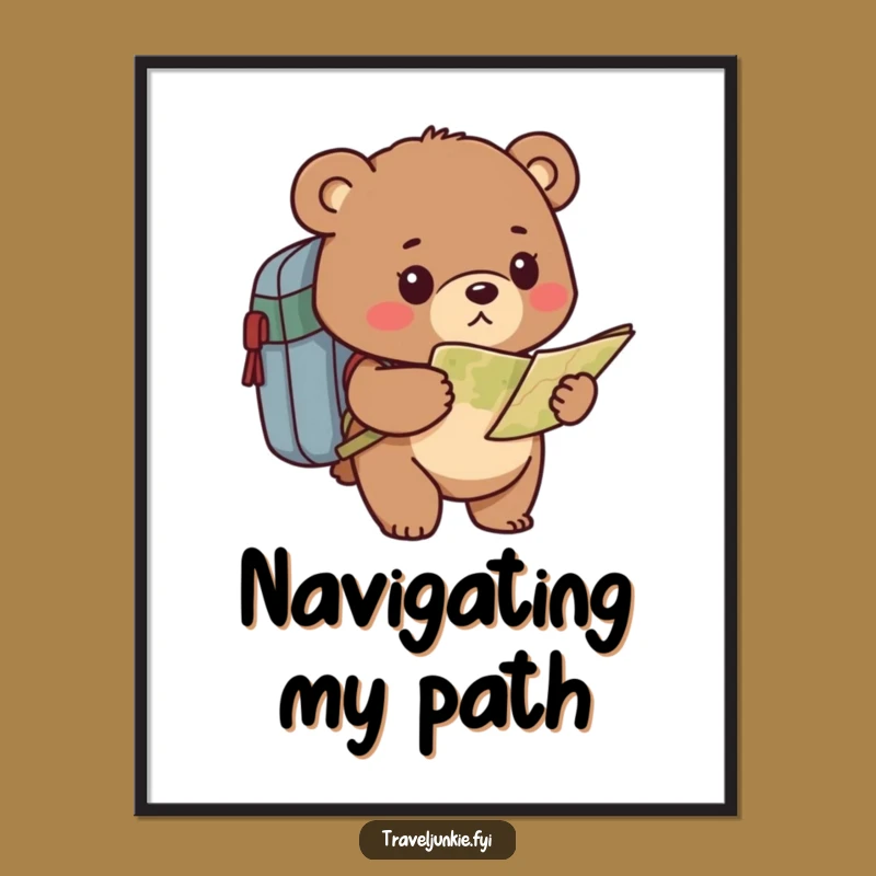Funny Bear Explorer Art Print - Determined Character Map Wall Decor Gift