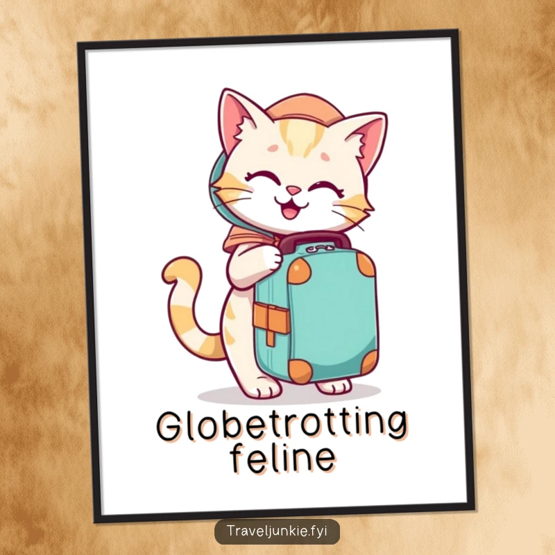 Funny digital art print of a playful cat character eagerly packing a travel bag, full of adventure.