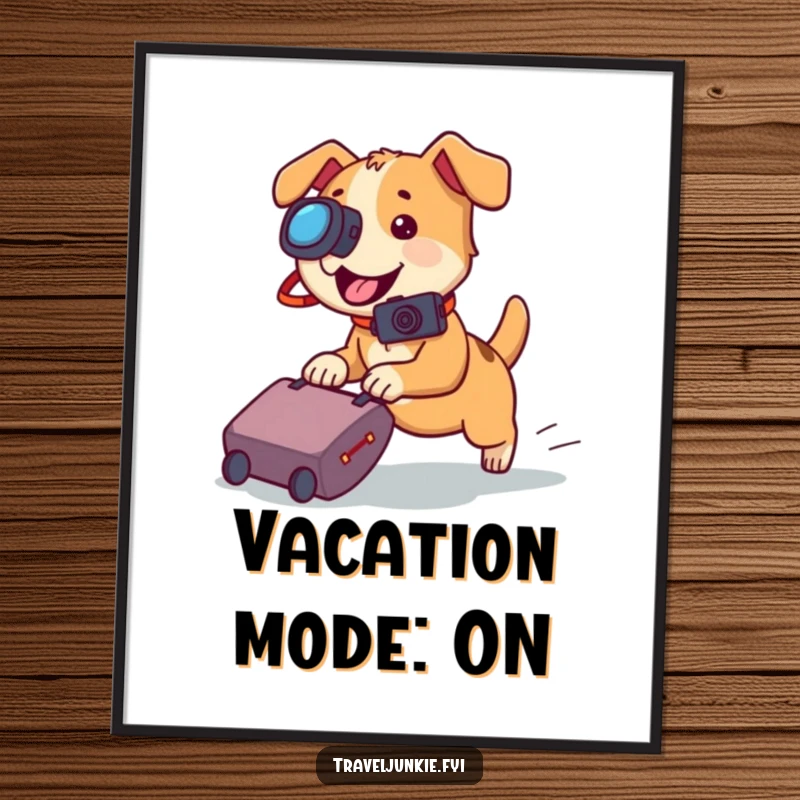 Funny dog digital art print, a playful puppy with a camera chasing a rolling suitcase, ready for adventure.