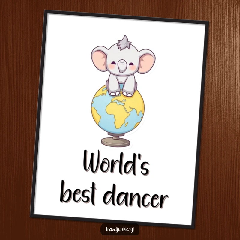 Funny Elephant Digital Art: Vibrant print of a calf balancing on a globe, perfect for humorous, worldly wall decor, funny gift.