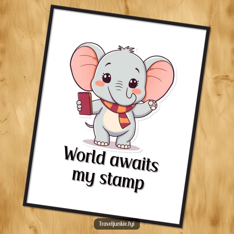 Funny elephant digital art print, excited traveler waving goodbye holding passport, instant downloadable wall art and a funny gift.