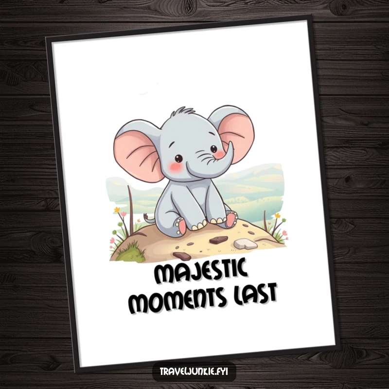 Funny elephant character contentedly enjoying a scenic view from a hilltop, an instant funny art download for tranquil wall decor.