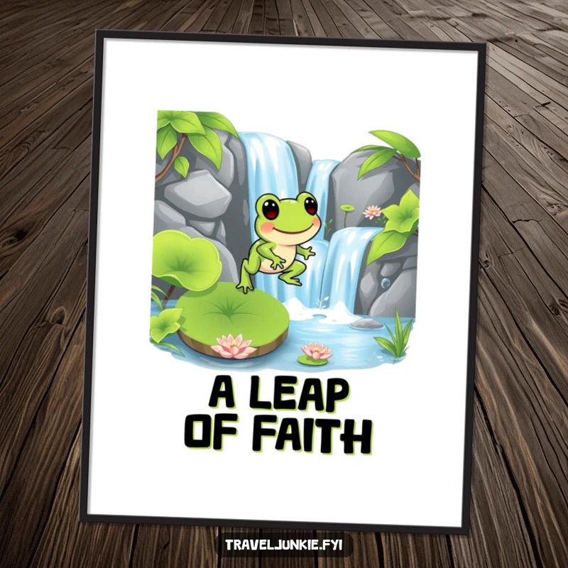 Funny frog character hopping onto a lily pad near a waterfall, an instant funny art download for vibrant wall decor.
