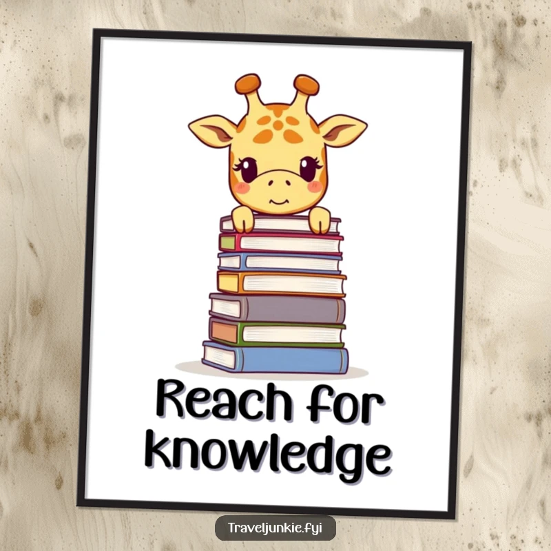 Funny giraffe digital art print, depicting a smiling giraffe peering over a towering stack of books, full of knowledge.