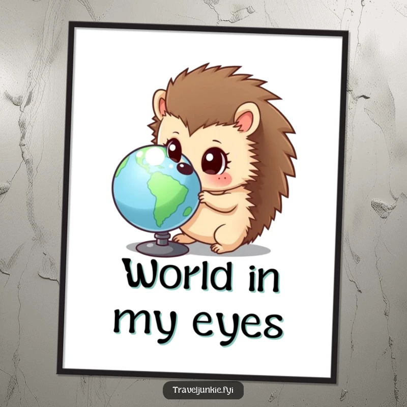 Funny hedgehog digital art print of a curious character with wide eyes, examining a globe, radiating humorous wonder and a love for discovery.