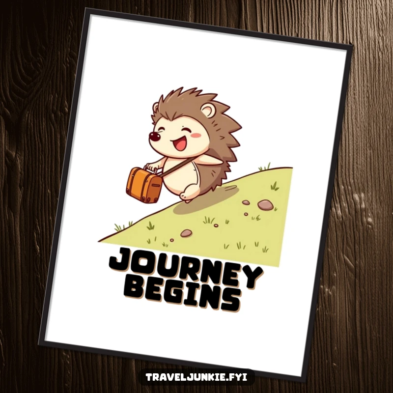 Funny hedgehog character rolling down a hill with a suitcase, available as a digital art print, ideal for instant home decor.