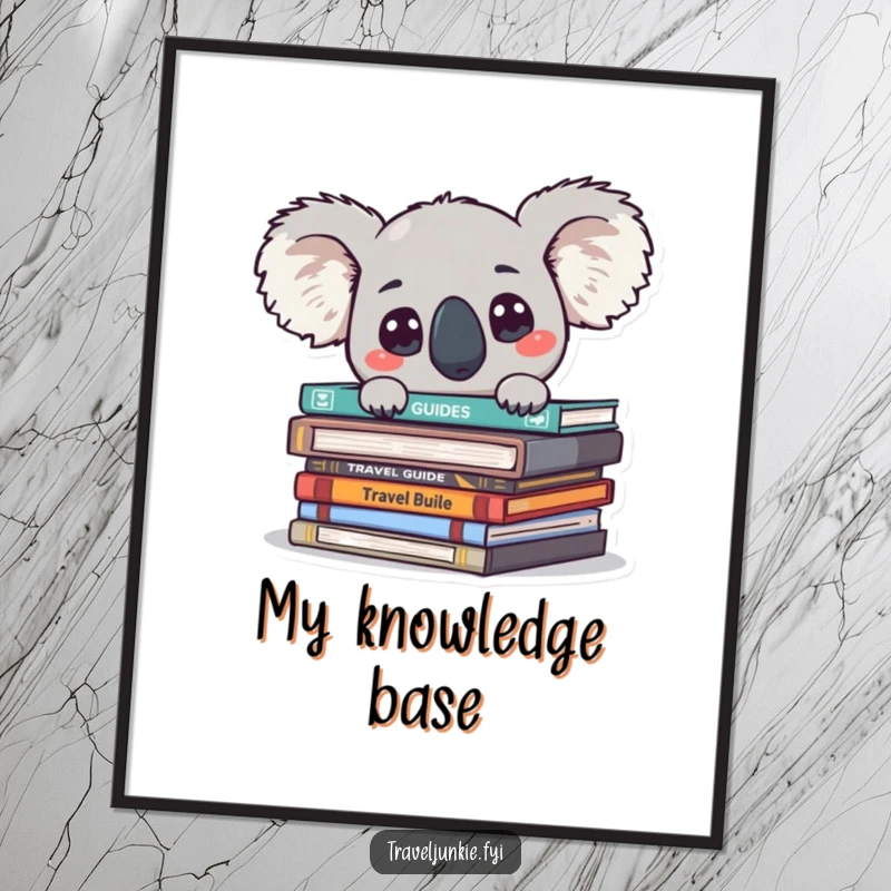 Digital art print of a funny koala peeking from travel guides with big eyes, ready to explore.