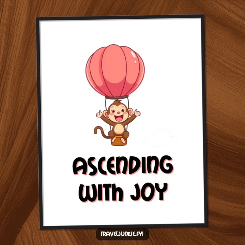 Funny digital art print of an ecstatic monkey character bouncing joyfully high in the sky on a hot air balloon.