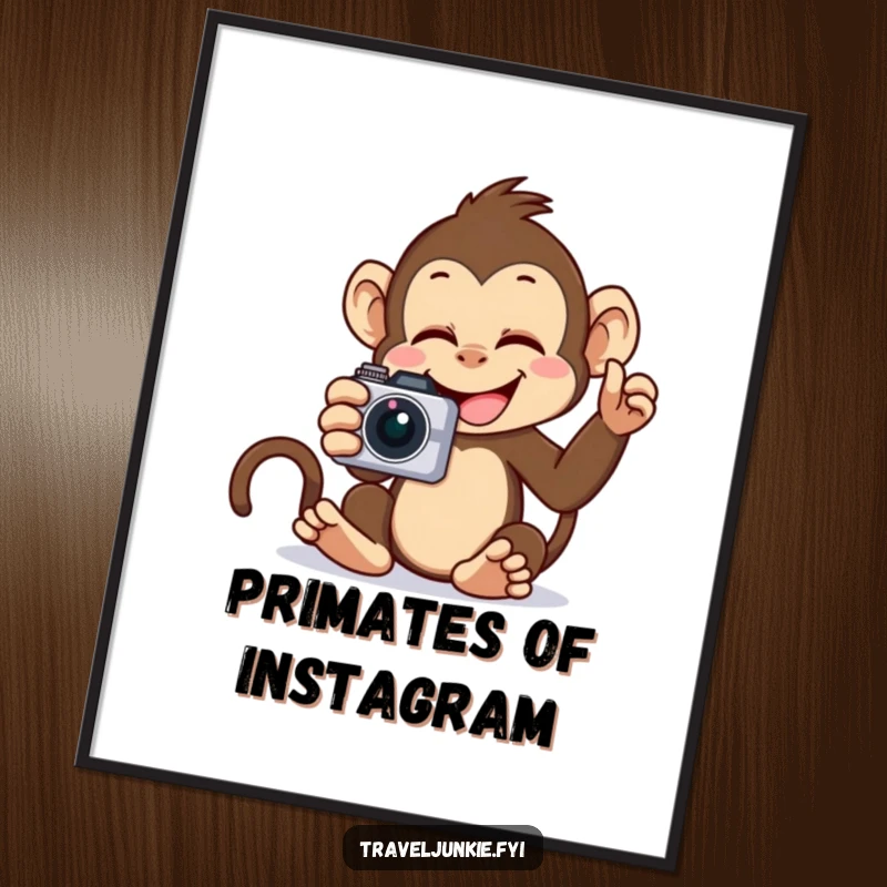 Funny Monkey Selfie Digital Art Print: A giggling monkey holding a camera for a selfie, high-quality art for instant humor.