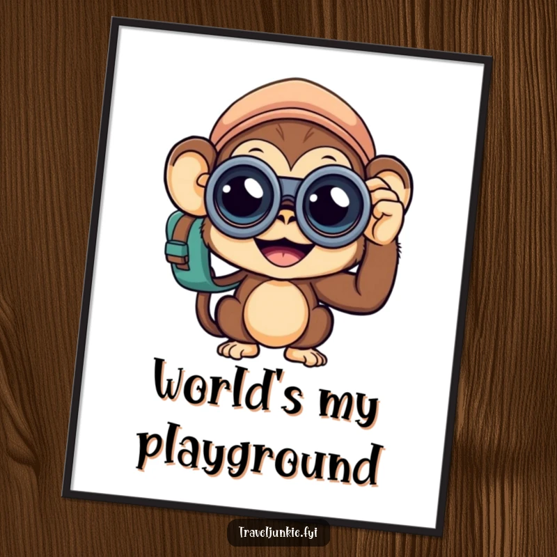 Funny Monkey Traveler Digital Art: A downloadable print of a curious monkey with binoculars, ready for adventure, a funny gift.