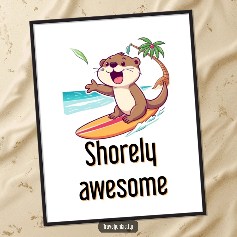 Funny Otter Digital Art Print: An excited otter gleefully rides a surfboard towards a tropical shore, suitable for printable wall decor.