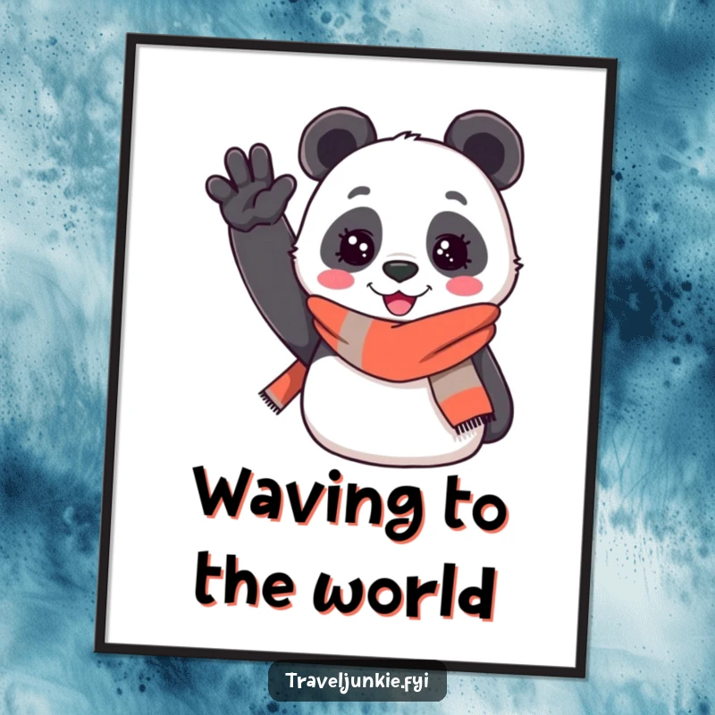 Funny digital art print: a cheerful panda wearing a travel scarf enthusiastically waves hello, capturing friendly and humorous greetings.