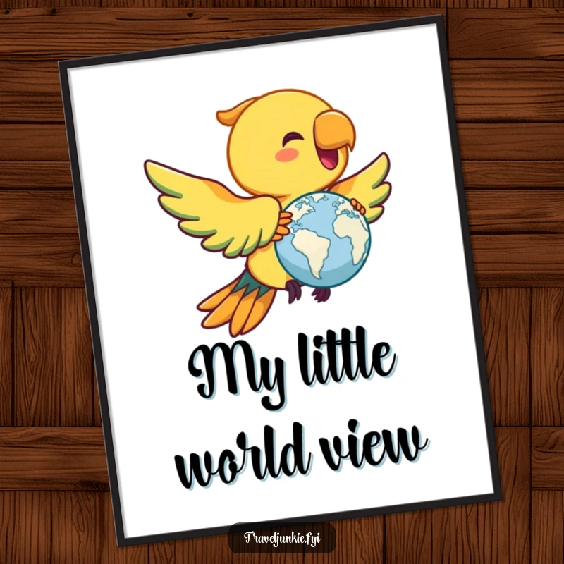 Funny parrot digital art print, joyful bird flying with a miniature globe, instant downloadable wall art and a funny gift.