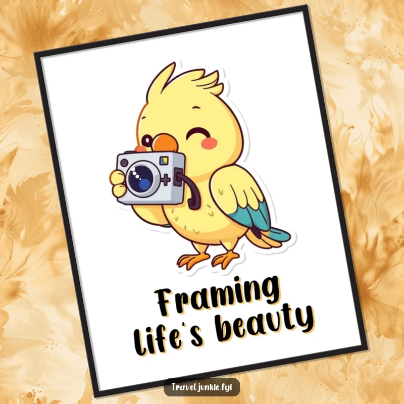 Funny digital art print of a cheerful parrot character holding a tiny camera and taking a photo, symbolizing creativity and joy.