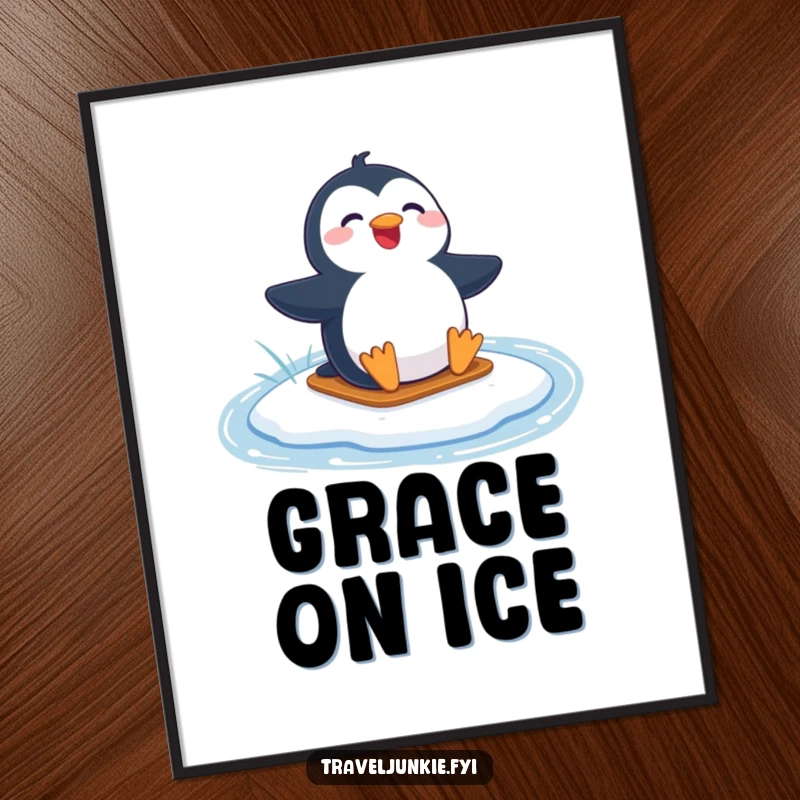 Funny digital art print of a joyful penguin character sliding with glee across a frozen lake.