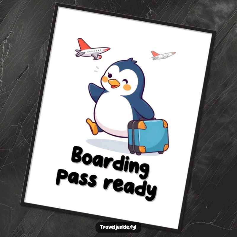 Digital art print of a funny happy penguin with a suitcase waddling towards a plane, ready for adventure.