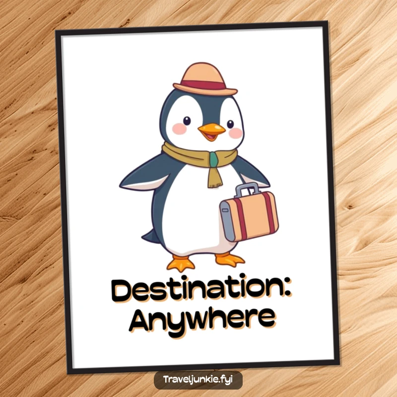 Funny penguin tourist digital art print, happy with suitcase, cheerful travel theme, printable wall decor.