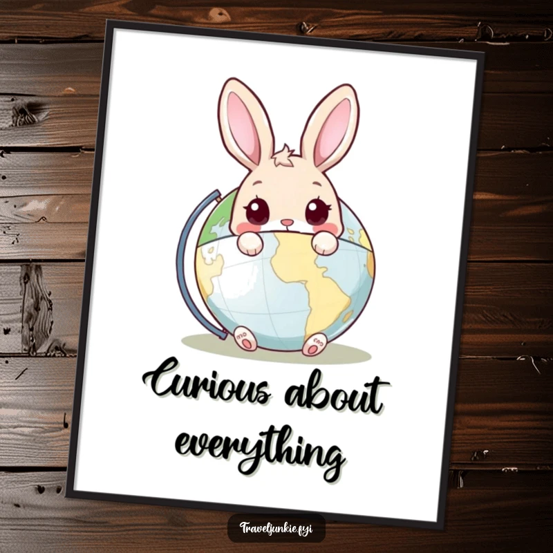 Funny Rabbit Globe Digital Art Print: Whimsical digital art of a curious rabbit peeking from behind a world globe, symbolizing exploration.