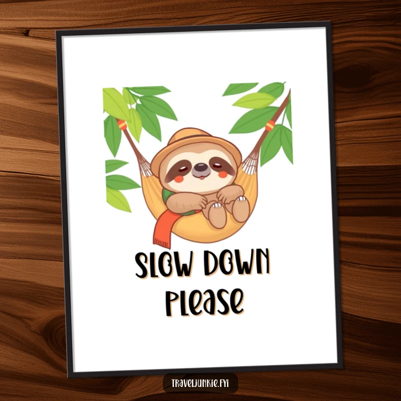 Funny Sloth Traveler Digital Art: A downloadable print of a content sloth relaxing in a hammock, embodying peace, a funny gift.