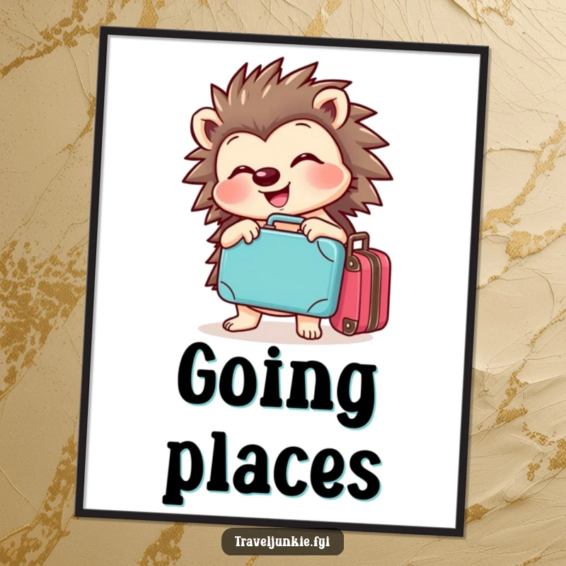 Funny hedgehog digital art print of a cheerful character joyfully posing with a tiny suitcase, symbolizing the joy of travel.