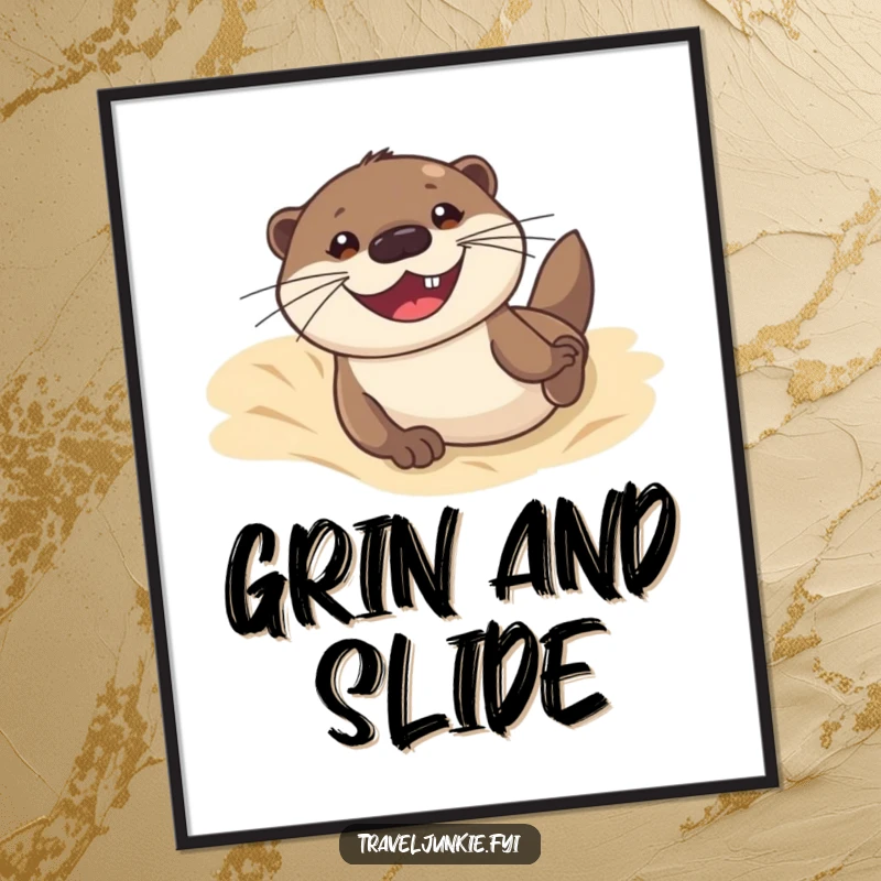 Funny digital art print of an otter sliding down a sand dune with a grin, perfect for instant download and adding beachy, humorous decor.