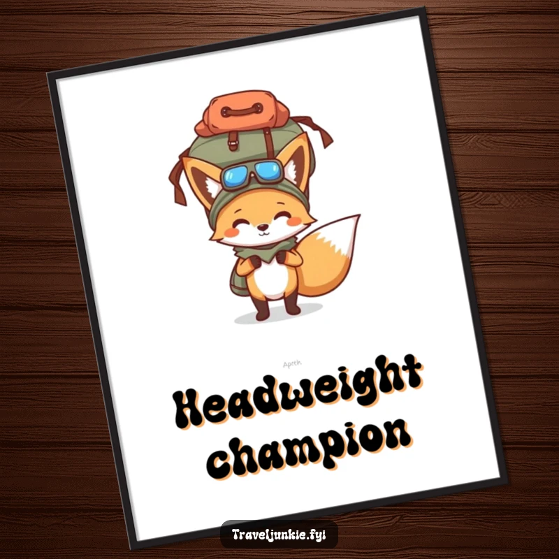 Funny digital art print of a determined fox balancing an overflowing travel bag on its head, ideal for humorous wall decor.