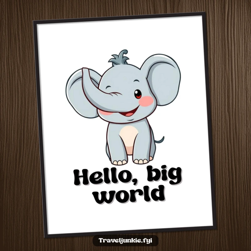 Funny Elephant Digital Art Print: A joyful digital artwork of a smiling elephant character with its trunk raised high in a friendly greeting.