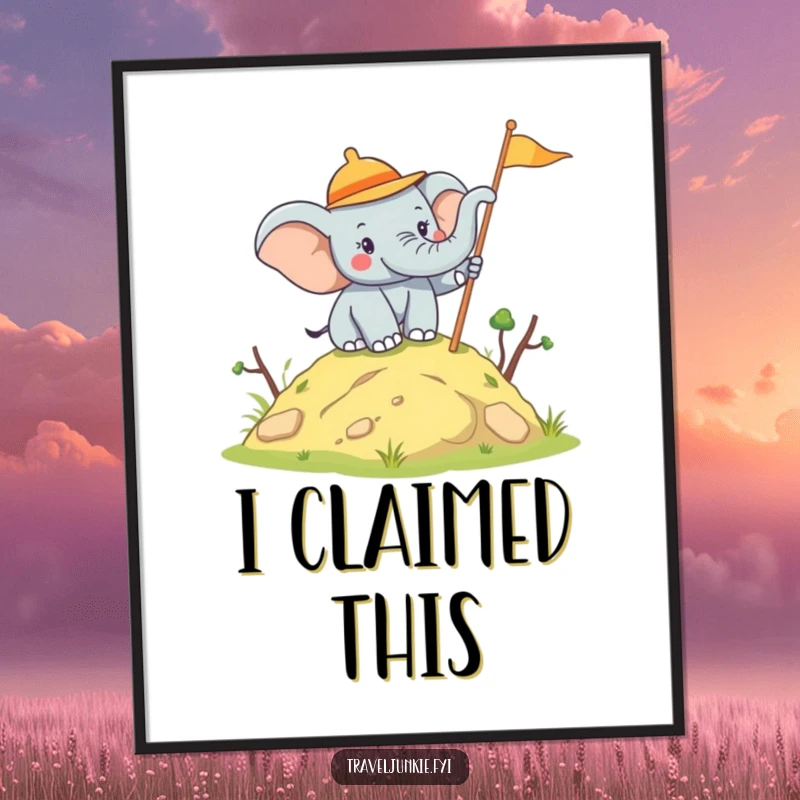 Funny Elephant Explorer Digital Art: A downloadable print of a joyful elephant planting a flag, symbolizing victory, a funny gift.