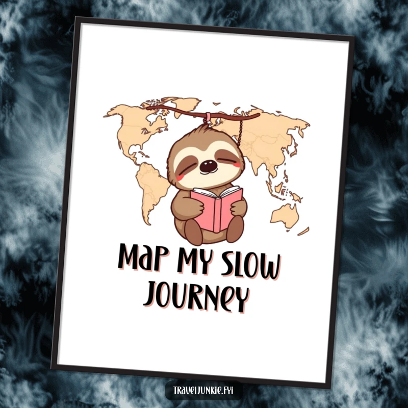 Funny sleepy sloth dangling from a world map, holding a journal, high-resolution digital art print, instant humorous decor.