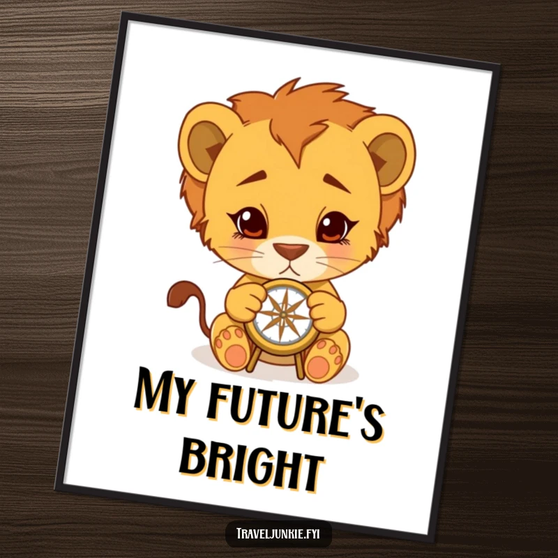 Funny Lion Cub Digital Art: Vibrant print of a cub with a compass, perfect for humorous, adventurous wall decor, funny gift.