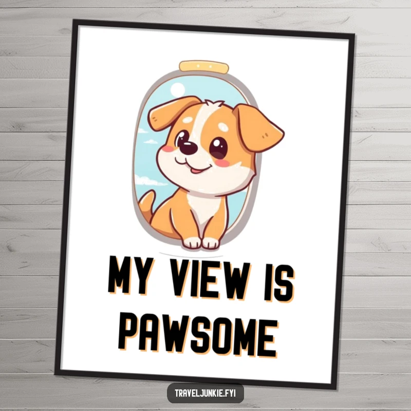 Funny Dog Travel Digital Art: Print of a dog at an airplane window, perfect for humorous, adventurous wall decor, funny gift.