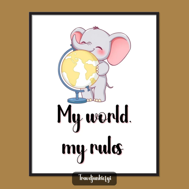 Funny Elephant World Traveler Digital Print: High-res art of a cheerful giant, perfect funny gift