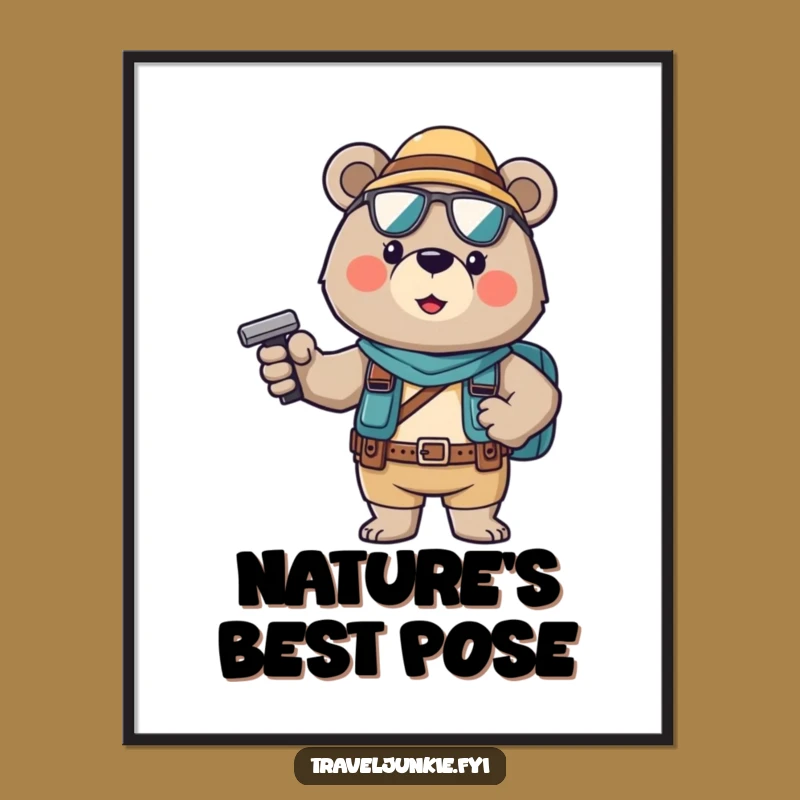 Funny Brave Bear Tourist Digital Art: Confident Pose for Walls