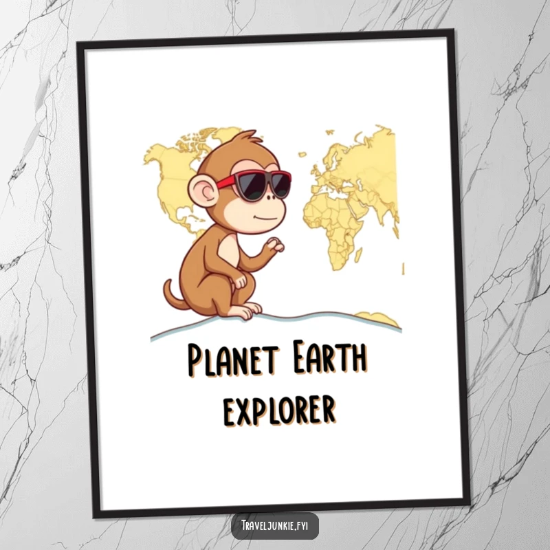 Funny monkey wearing sunglasses, looking at a world map, cool and curious, perfect humorous digital art gift.