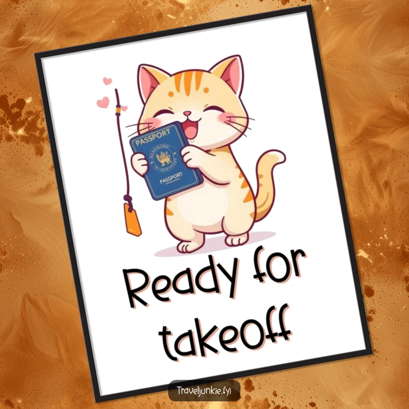 Funny cat digital art print, depicting a happy, playful cat batting at a passport tag, full of travel excitement.